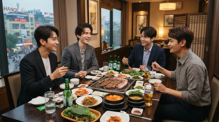 하노이 미딩의 고급 한정식 룸에서 비즈니스 식사를 즐기는 모습