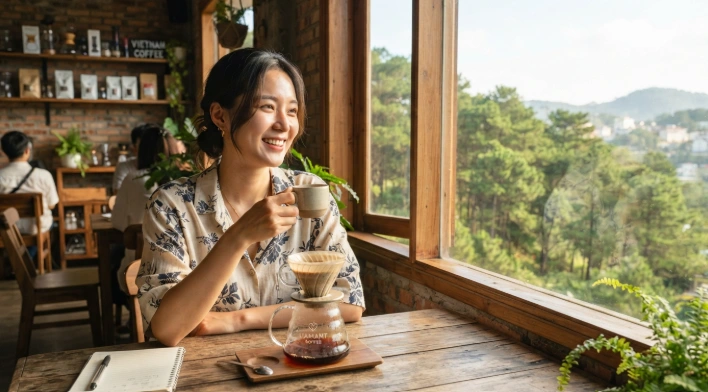 베트남 달랏의 스페셜티 카페 창가에서 핸드드립 커피를 즐기는 여성 여행자