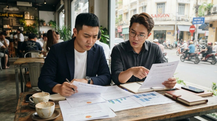 베트남 외투법인 설립 서류 및 체류 자격을 비교 검토하는 한국인 동업자들