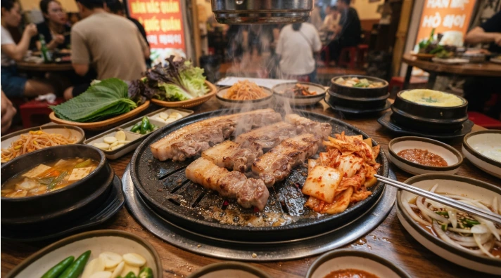 하노이 미딩 한식당에서 노릇하게 구워지는 두툼한 숙성 생삼겹살과 푸짐한 반찬