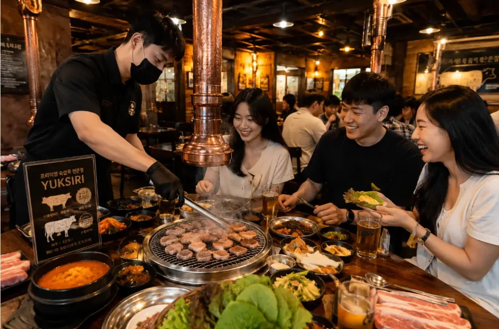 하노이 미딩 숯불 삼겹살 소고기 맛집에서 직원이 고기를 굽는 모습