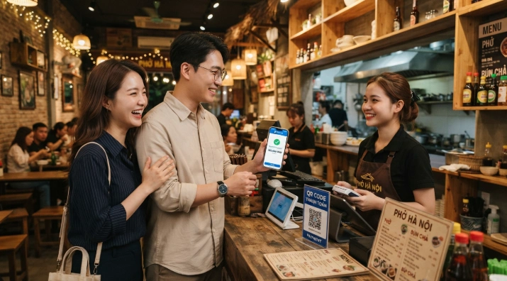 베트남 식당에서 스마트폰 QR 결제 완료 화면을 확인하며 미소 짓는 한국인 여행객 커플