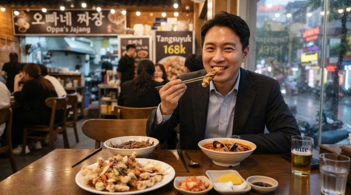 하노이 미딩 중식당에서 바삭한 탕수육을 즐기는 한국인 직장인