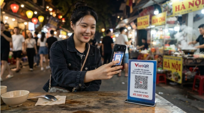 베트남 야시장의 계산대에서 VietQR 결제 코드를 스마트폰으로 스캔하는 모습