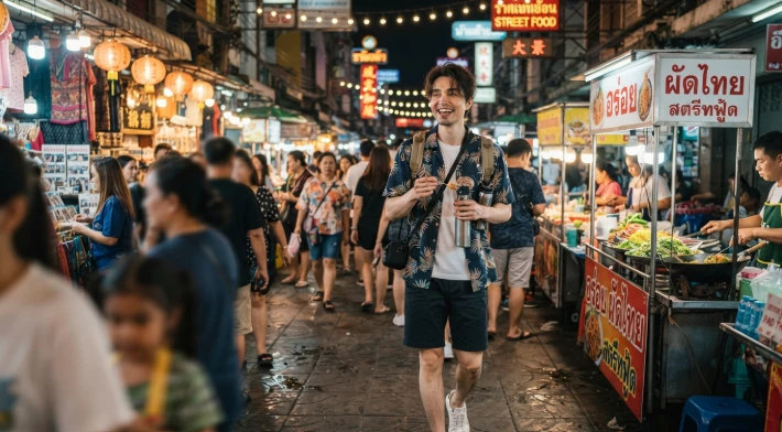 이국적인 현지 거리를 밝은 미소로 산책하는 한국인 남성 여행자