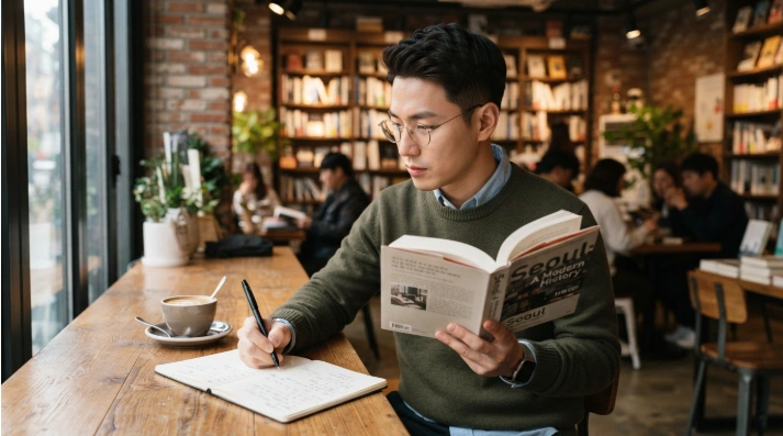 서로 다른 문화를 이해하기 위해 책을 읽으며 생각에 잠긴 한국인 남성